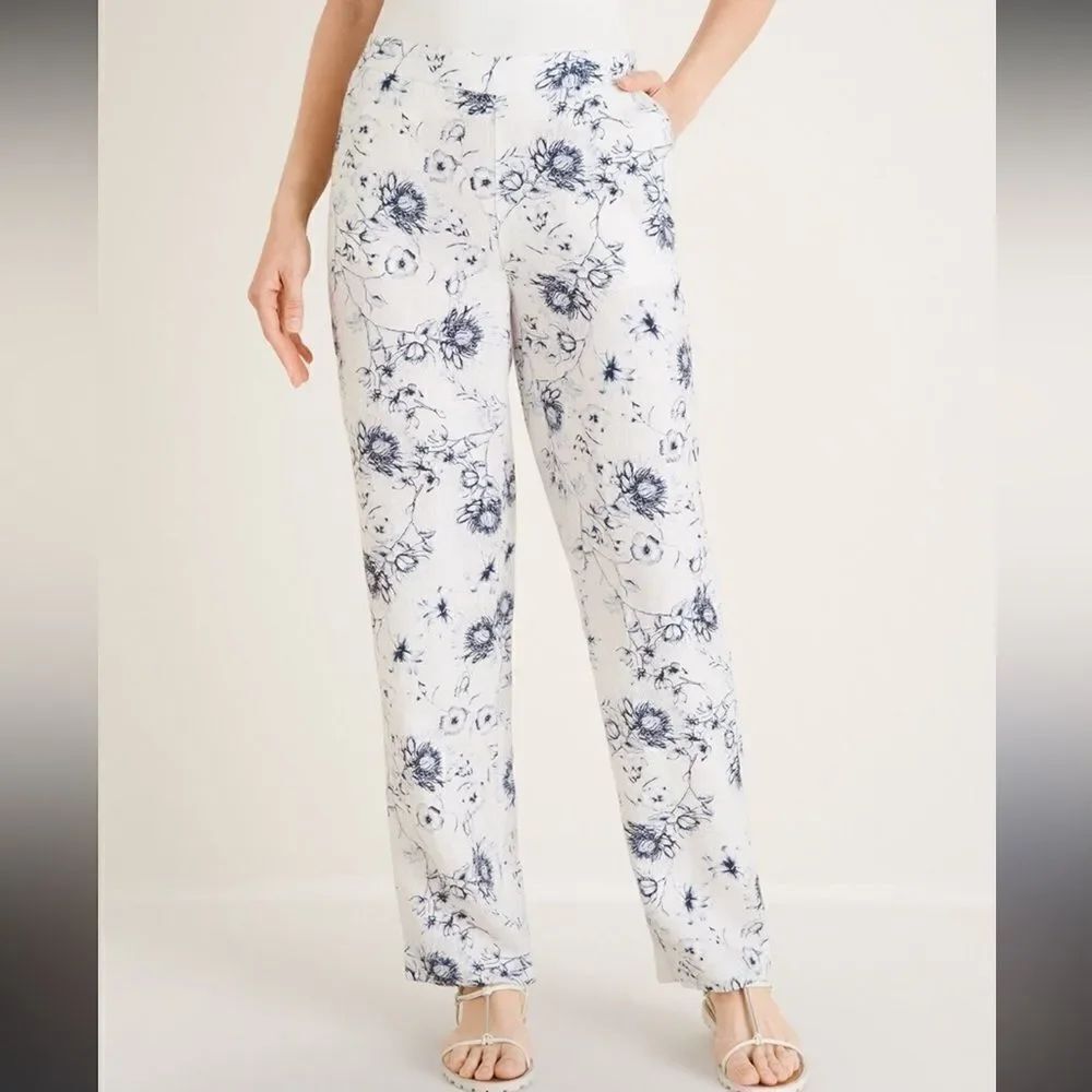 Chico’s Linen Floral-Print High Rise Straight-Leg Pants Size 8R
